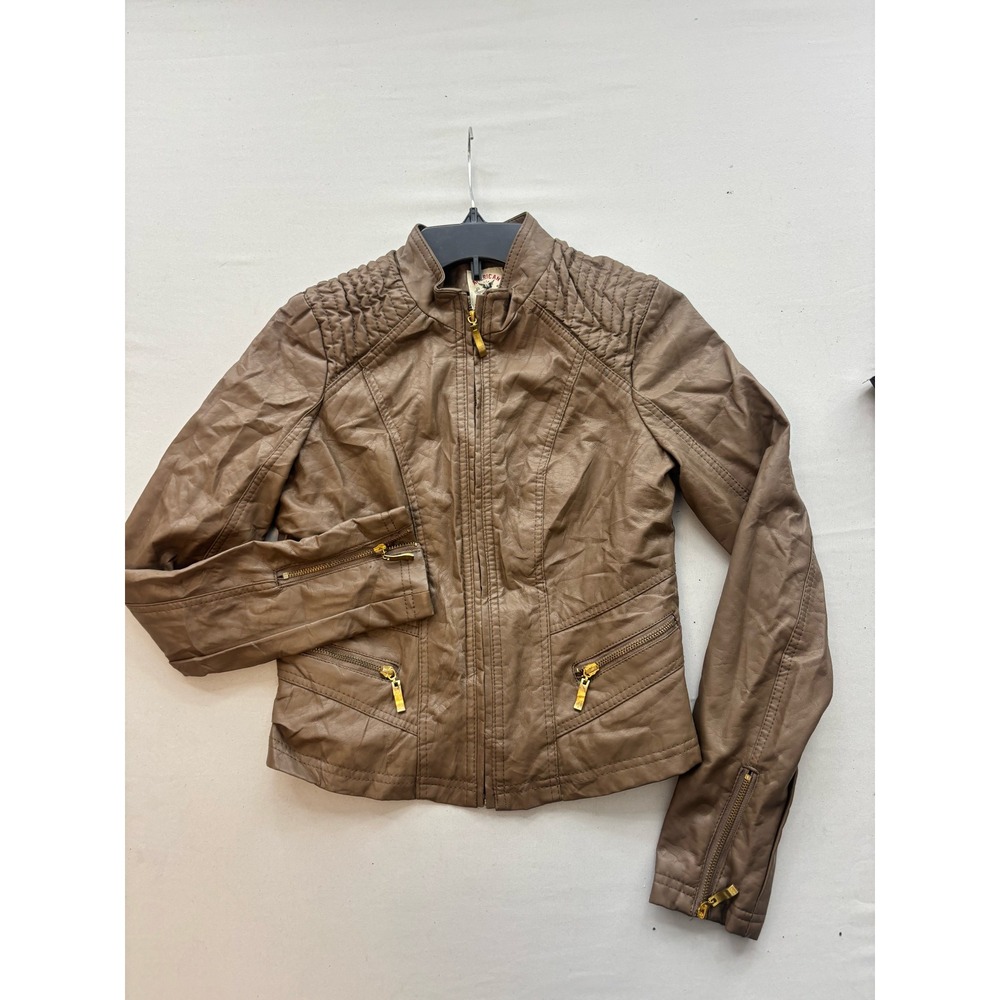 American Culture Faux Leather Moto Jacket Tan Brown Quilted Shoulder Small